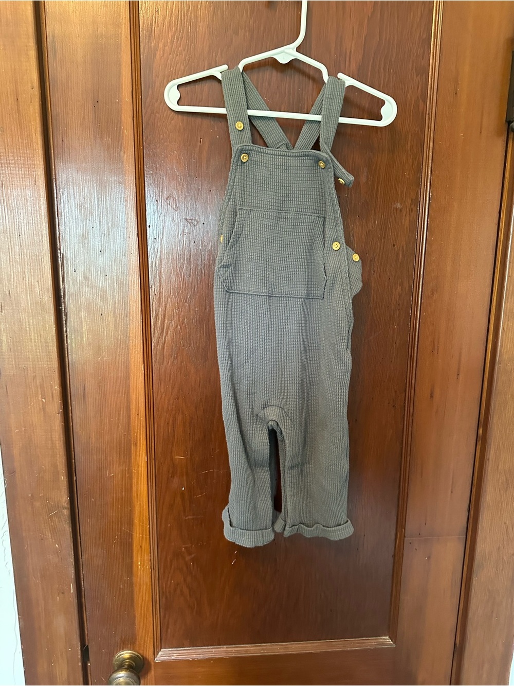 Children's Olive Green Waffle Knit Overalls with Button Straps